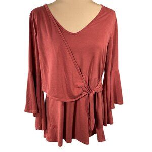 Green Envelope Tunic Top Bell Sleeve Tie Burnt Orange L Large Modal Blend